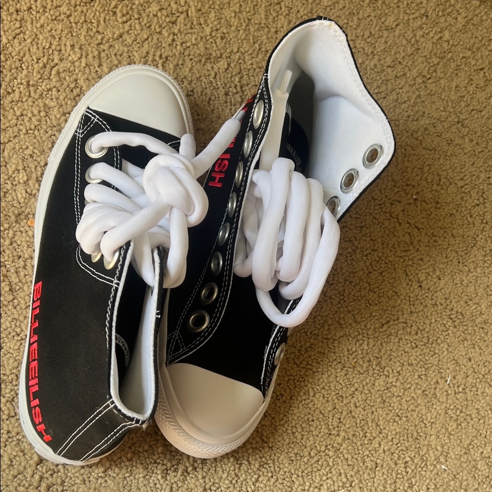 Converse Black and White High-Top Sneakers with Red Billie Eilish Branding - Picture 3 of 6